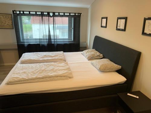 een bed met twee kussens en een raam bij Torups Vandrarhem in Torup
