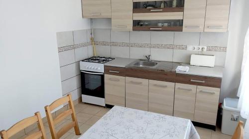 een kleine keuken met een fornuis en een wastafel bij Eozin Apartman in Pécs