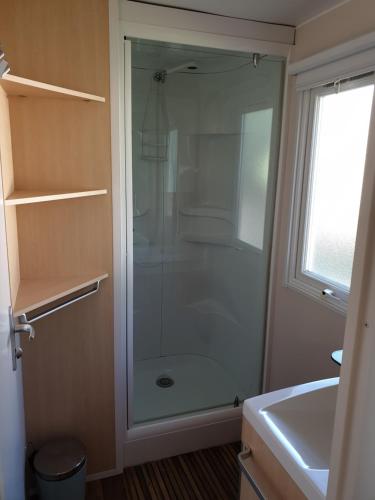 La salle de bains est pourvue d'une douche en verre et d'un lavabo. dans l'établissement Biscarrosse lac Mobil home tout confort, à Biscarrosse