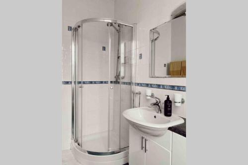 a bathroom with a shower and a sink at Beautiful Seafront Apartment-Hastings Old Town 2+2 in Hastings