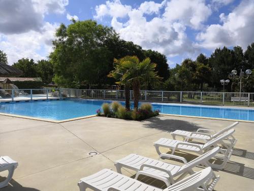 - un groupe de chaises longues à côté de la piscine dans l'établissement Biscarrosse lac Mobil home tout confort, à Biscarrosse