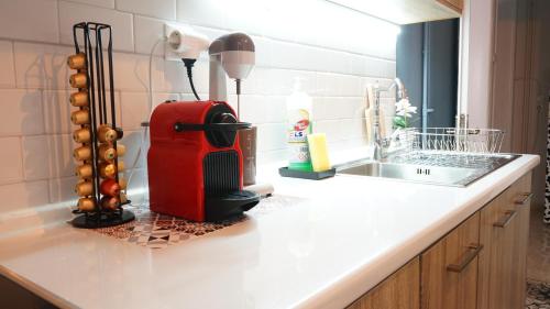 un bancone della cucina con un apparecchio rosso su un piano di lavoro di Houseloft Elassona center a Elassona