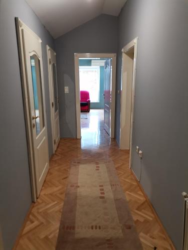 a hallway with two doors and a rug on the floor at Stan na dan Bijeljina in Nova Mahala