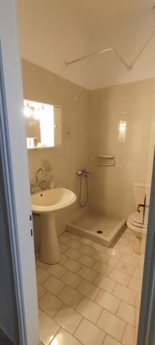 a bathroom with a sink and a toilet at Hotel Mitikas in Livádion