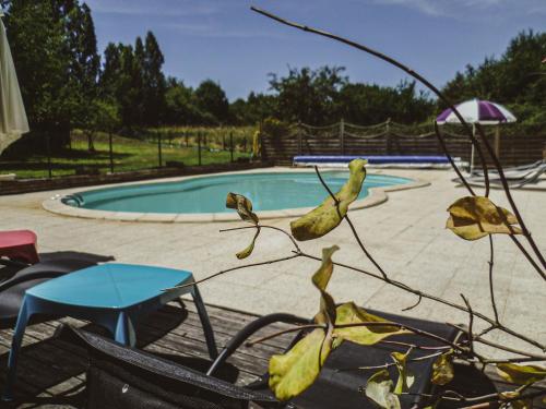 - une vue sur une piscine avec une plante dans l'établissement LA LAUJÈRE Chambres d'hôtes ROMANCE, à La Caillère