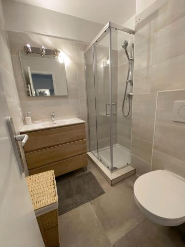 une salle de bain avec une douche, des toilettes et un lavabo dans l'établissement Le Maya - studio avec piscine Antibes, à Antibes
