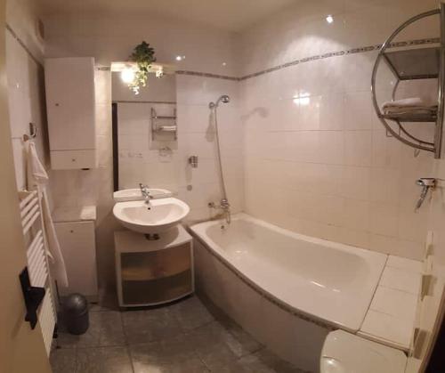 W łazience znajduje się umywalka, wanna i umywalka. w obiekcie Ubytování v Šumavském podhůří w mieście Vlachovo Březí