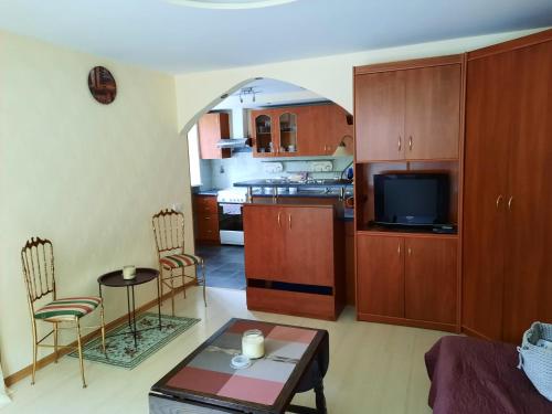 a kitchen and living room with a table and a tv at Švyturio apartamentai in Klaipėda