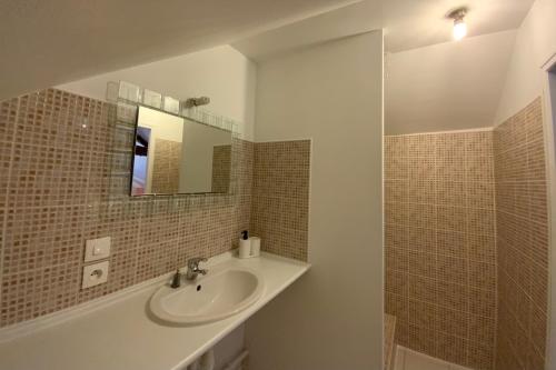 ein Bad mit einem Waschbecken und einem Spiegel in der Unterkunft Gite LA VUE LOIRE Appartement in Saint-Denis-de lʼHôtel