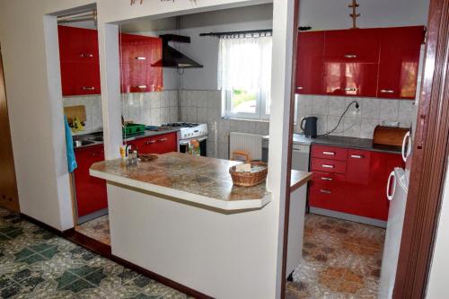 eine Küche mit roten Schränken und einer Arbeitsplatte in der Unterkunft U Janusza in Zadwórze