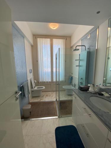 a bathroom with a shower and a sink and a toilet at Super attico sul mare in Lido di Camaiore