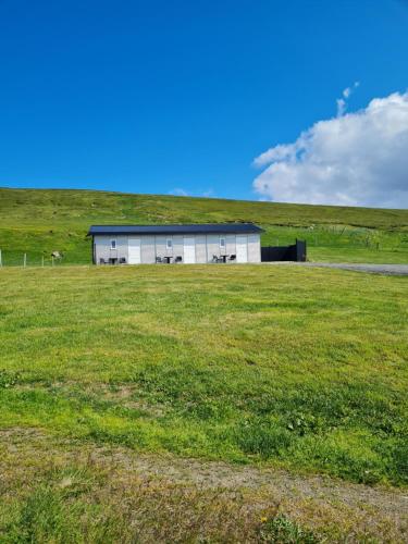 a building in the middle of a field at Guesthouse Brúnahlíð in Aðaldalur