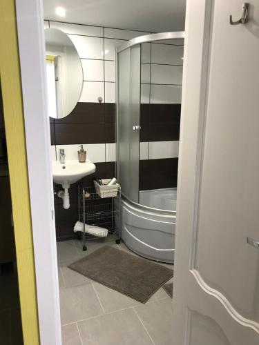 a bathroom with a shower and a sink and a tub at Dārza māja in Liepāja