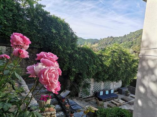 - une vue sur le jardin orné de fleurs roses dans l'établissement La Dolce Vita Lucie, à Vals-les-Bains