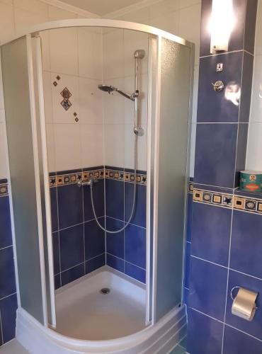 a bathroom with a shower with blue tiles at vila Happy in Veľká Lomnica