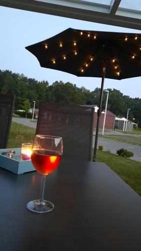 a glass of wine sitting on a table under an umbrella at Seestern - Ferienhaus am Quendorfer See (Nr. 5) in Schüttorf