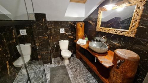 a bathroom with a sink and a toilet and a mirror at Chata Ďumbier in Bystrá