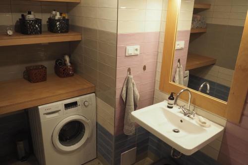 ein Badezimmer mit einer Waschmaschine und einem Waschbecken in der Unterkunft Rodinný apartmán v centru Prahy in Prag