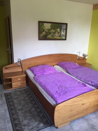 2 Betten in einem Zimmer mit lila Kissen darauf in der Unterkunft Biogut Evensen in Evensen