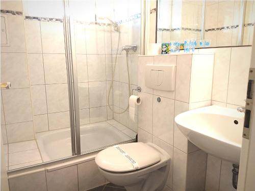 een badkamer met een douche, een toilet en een wastafel bij Villa Silva - Leuchtturmblick in Kühlungsborn