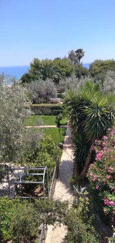 a garden with a bench and flowers on a hill at Geranium Villa by the sea in Kineta