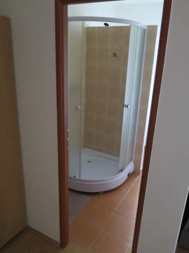 a reflection of a shower in a bathroom mirror at Ubytovňa Kriváň in Važec