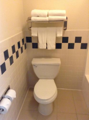 a bathroom with a white toilet and towels at AmericInn by Wyndham Republic in Republic