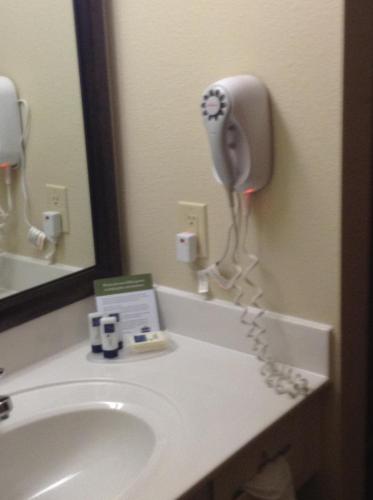 a bathroom with a sink and a blow dryer at AmericInn by Wyndham Republic in Republic