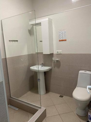 un baño con inodoro y lavabo en LANA`S GUEST HOUSE, en Kutaisi
