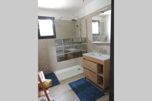 une salle de bain avec une baignoire, un lavabo et une douche dans l'établissement LES CHÂTAIGNIERS APPARTEMENT MEUBLE, à Saint-Sèbastien