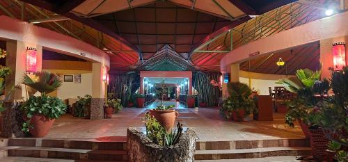 a lobby with potted plants and stairs in a building at Kilima Safari Camp in Amboseli