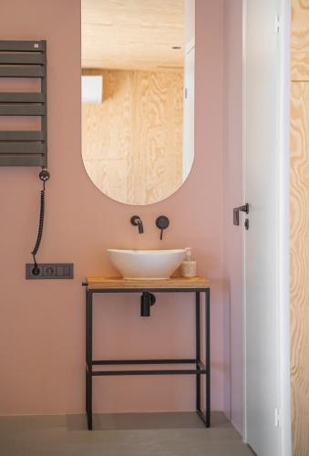 a bathroom with a sink and a mirror at Wakepond atostogų slėnis in Anykščiai