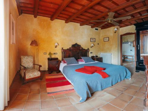 a bedroom with a large bed and a chair at Can Vila in Sant Julià del Llor