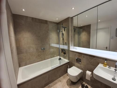 a bathroom with a tub and a toilet and a sink at The Danbury, Lower Borough Walls in Bath