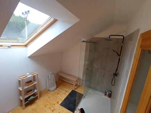 ein Bad im Dachgeschoss mit einer Dusche und einem Dachfenster in der Unterkunft Chalupa bez hranic in Krompach