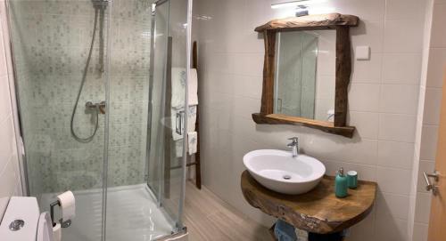 a bathroom with a sink and a shower at Casa das Estátuas in Gondramaz