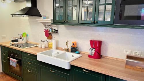 a kitchen with green cabinets and a white sink at Villa Oria in Pula