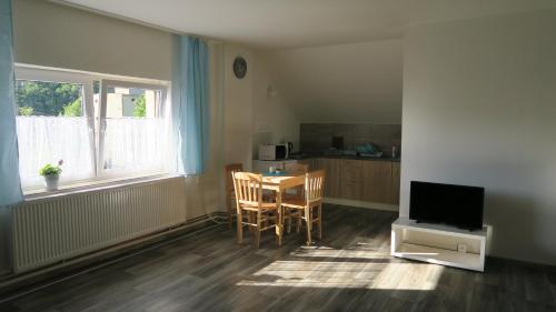 a living room with a table and a television at Apartmány u Mlýna in Velké Losiny
