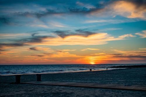a bench on the beach with a sunset at Hotel Playa de Regla in Chipiona