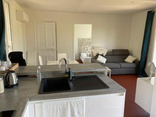 une cuisine avec un évier et un salon dans l'établissement Petite maison de charme - Le jardin secret d'Alice, à Roquebrune-sur Argens