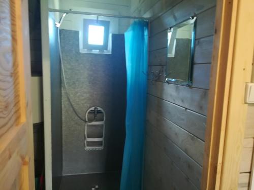La salle de bains est pourvue d'une douche avec un rideau de douche bleu. dans l'établissement Nameliai Žuvėdra, à Šventoji