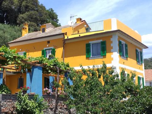 Casa amarilla con árboles y ventanas verdes en Apartment Casa del Poggio by Interhome, en i Brasi