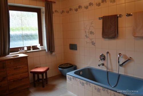a bathroom with a blue tub and a window at Glückchalet in Rettenschöss