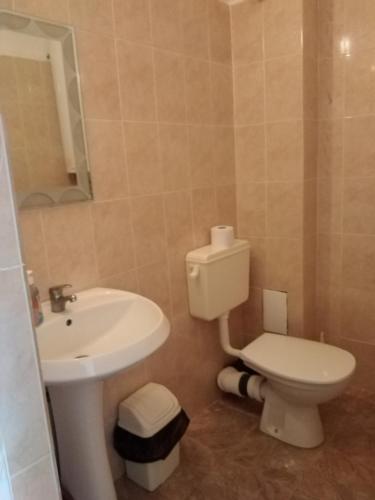 a bathroom with a white toilet and a sink at Стаи за гости Маги in Sinemorets