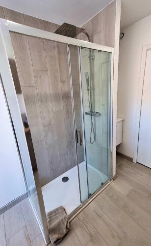 une douche avec une porte vitrée dans une salle de bain dans l'établissement Studio Port Nature 2 Castalie, au Cap d'Agde