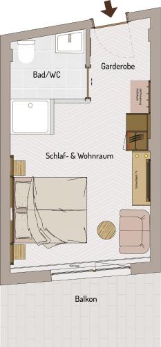 a floor plan of a caravan with the dimensions of a room at Hotel Gundolf in Sankt Leonhard im Pitztal