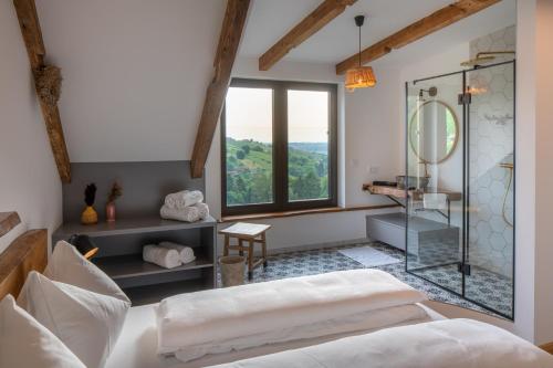 Teufenbach的住宿－steiRerBLiCke- Chalet Hochgrailblick，一间卧室设有淋浴、一张床和镜子