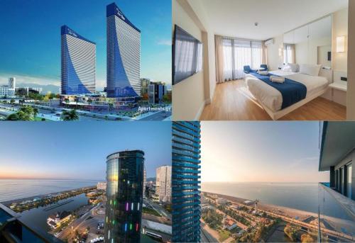 eine Collage aus vier Bildern eines Hotelzimmers in der Unterkunft Batumi Orbi City Twin Towers C-block 2659 in Batumi