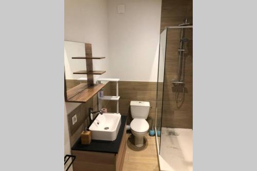 La salle de bains est pourvue de toilettes, d'un lavabo et d'une douche. dans l'établissement T2 neuf et Ambiance wood and black (noir et bois), à Saint-Étienne
