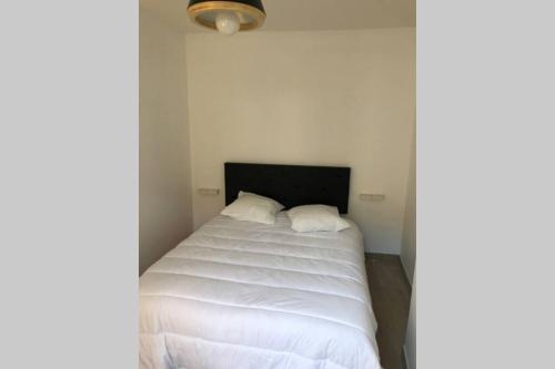 um quarto com uma cama branca e 2 almofadas em T2 neuf et Ambiance wood and black (noir et bois) em Saint-Étienne